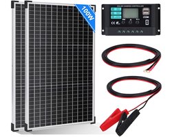 【100W zonnepaneel 12V kit】 DERUXI 100Watt zonnepaneel set: 2 stuks 50W monokristallijne zonnepanelen + 10A 12V/24V LCD zonne-oplader + 4 stuks zonnekabel, PV modul voor caravan, camping, RV, boot, dak