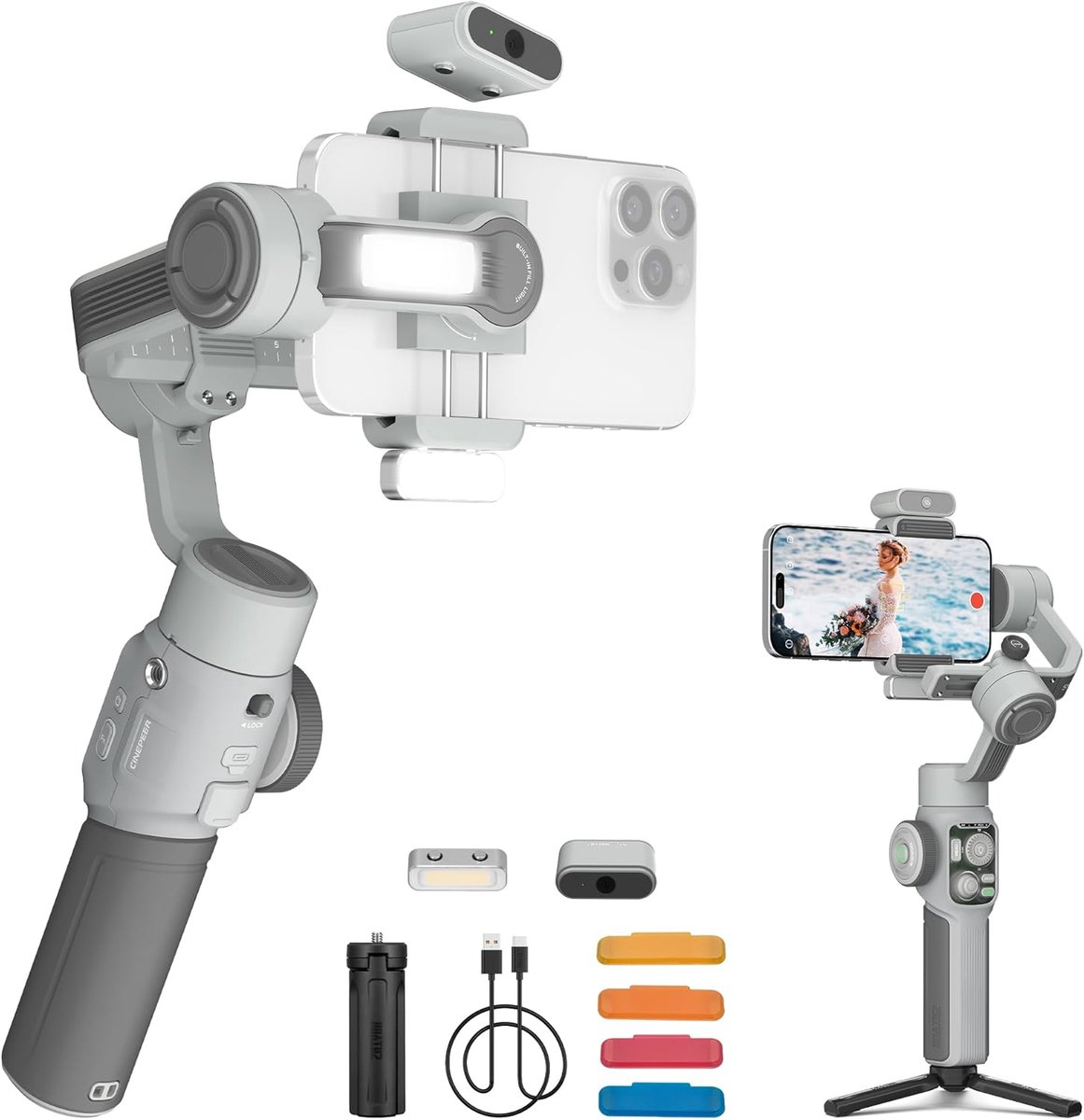 Smartphone Gimbal - Stabilisator Camera - Vloeiende Video's Maken - Intelligente AI Tracking - 3-Assig - Grijs