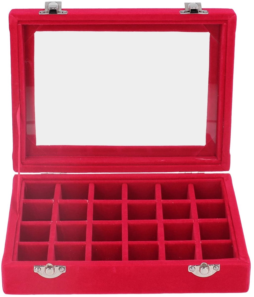 Dailygoods- Sieradenbox met Duidelijk Glasdeksel - 24 Compartimenten - Opbergdoos voor Oorbellen/Ringen - Velours - Elegante Vergrendeling - Perfect Cadeau - Sieradenopbergdoos
