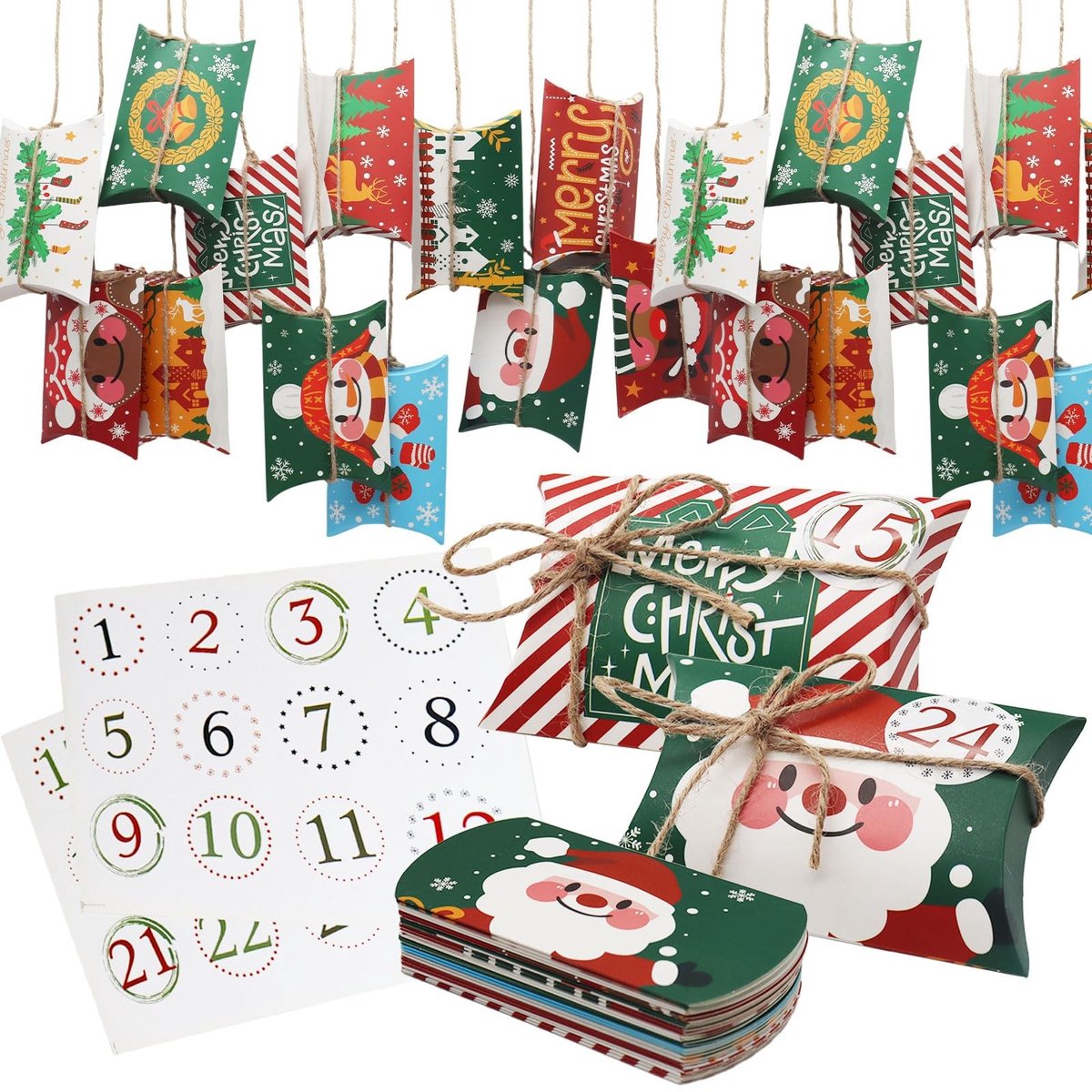 Dailygoods- Adventskalender 2025 - 24 Dozen om te Vullen - Jute Koord - Cijferstickers 1-24 - Kerstdecoratie - Diverse Patronen - Kerstgeschenkdozen