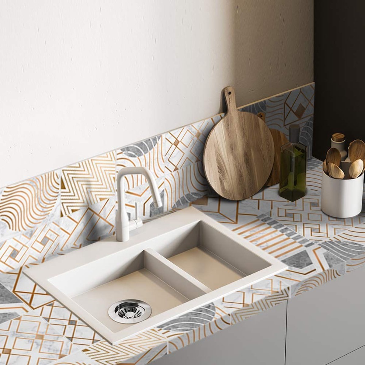 Dailygoods- Tegelstickers 10 Stuks - Zelfklevende Sticker - Geometrische Metallic - Decoratie voor Keuken/Badkamer - 15x15 cm - Eenvoudig aan te Brengen - Muursticker