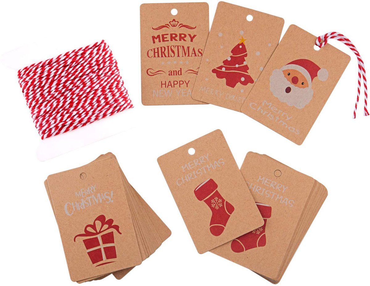 Dailygoods- Cadeaulabels 50 Stuks - Kraftpapier - 5 Kerstmotieven - Koord om op te Hangen - Verpakkingsetiketten - Ideaal voor Knutselprojecten - Cadeaukaartjes