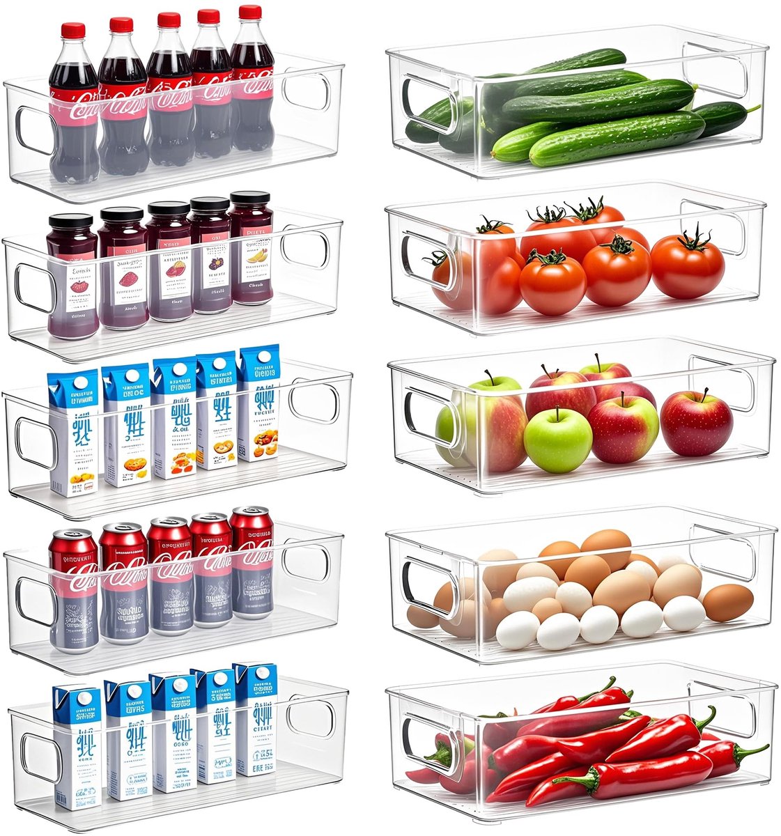 Dailygoods- Koelkastorganizer 10-delige set - Keukenorganizer - Stapelbare handgreep - Duurzaam kunststof - Maten voor optimale ruimte - Gemakkelijk schoon te maken - Opbergdozen