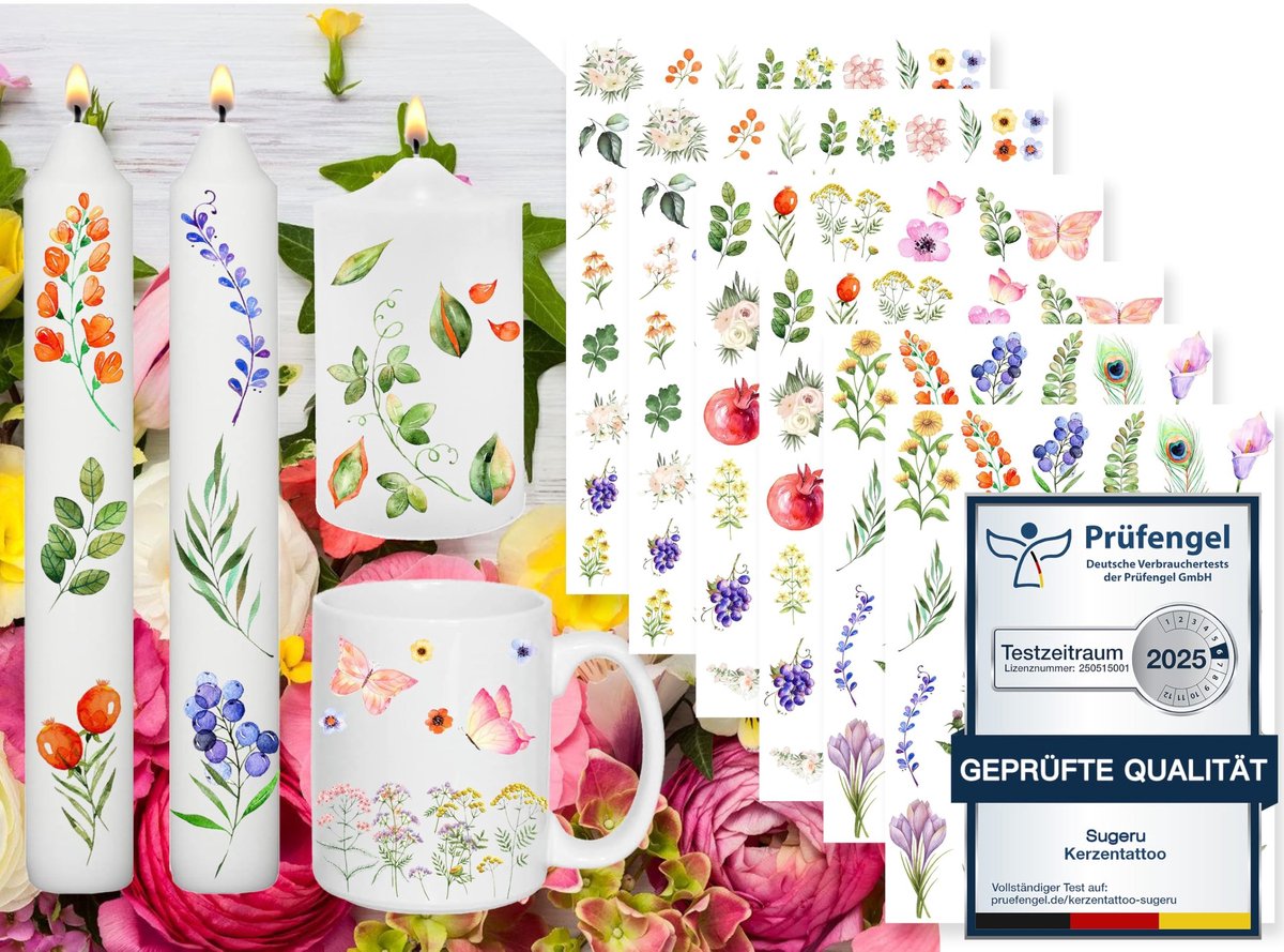 Dailygoods- Kaarsentattoo 6 Vellen - Watertransferfolie - Kaarsenstickers - Decoreren - Meer dan 200 Patronen - PRÜFENGEL-GECERTIFICEERD