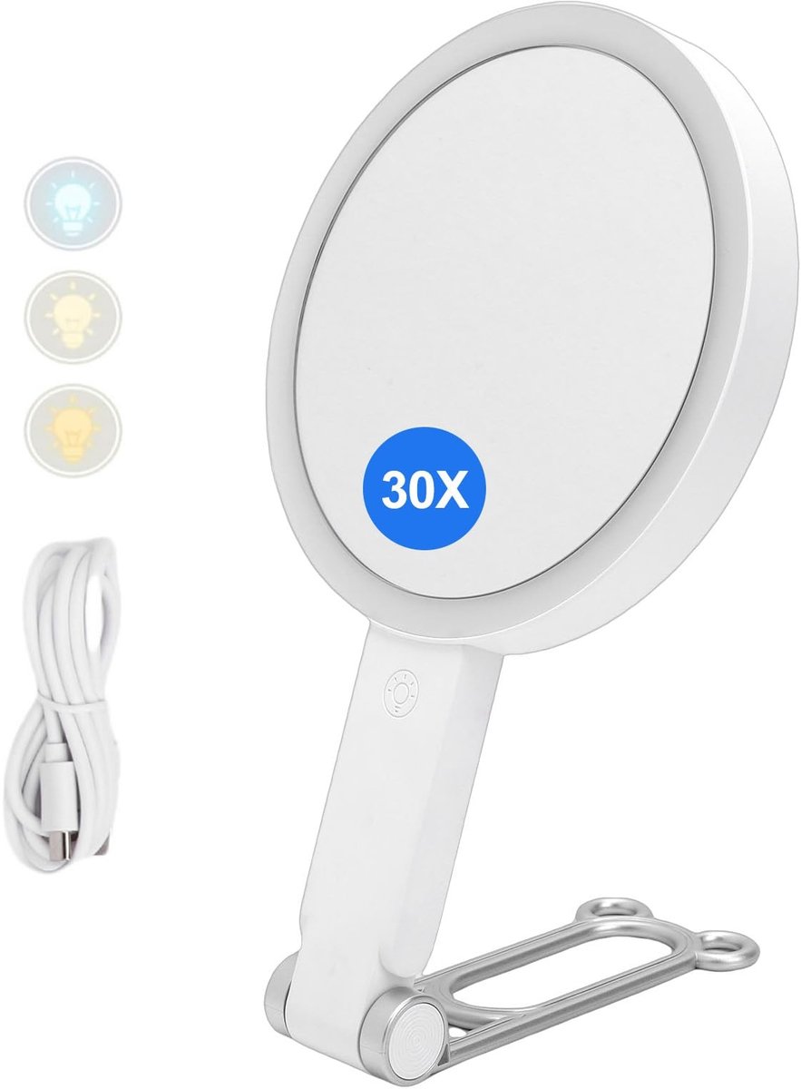 Dailygoods- Reisspiegel met Licht - 30X/1X Vergrotende Spiegel - Opvouwbare Handspiegel - Verstelbare Bureauspiegel - Draagbaar voor Reizen - 3-in-1 Ontwerp - Make-up Spiegel