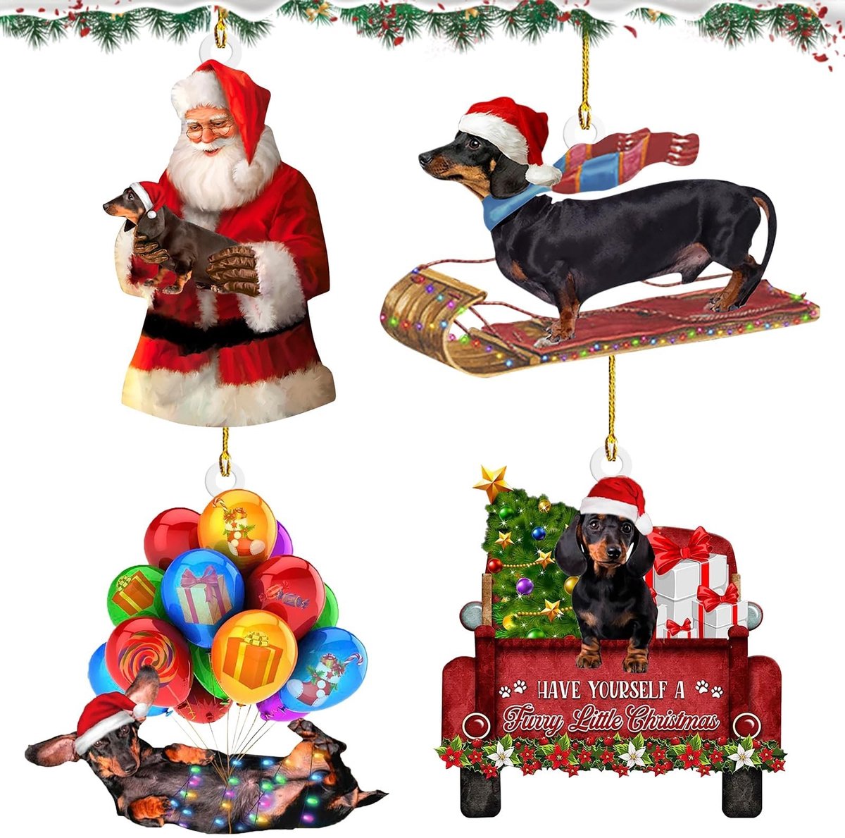Dailygoods- Kerstboomversiering 4 stuks - Dackel Hangdecoratie - Dubbelzijdige Acryl - Kerstornamenten - Hondenmotief - Perfect voor Hondenliefhebbers - Kerstornament