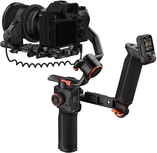 Zwarte Hohem iSteady MT3 Pro gimbal met camera en handvatten met oranje accenten.