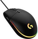 Zwarte Logitech G gamingmuis met RGB-verlichting en een oranje 'G' logo.