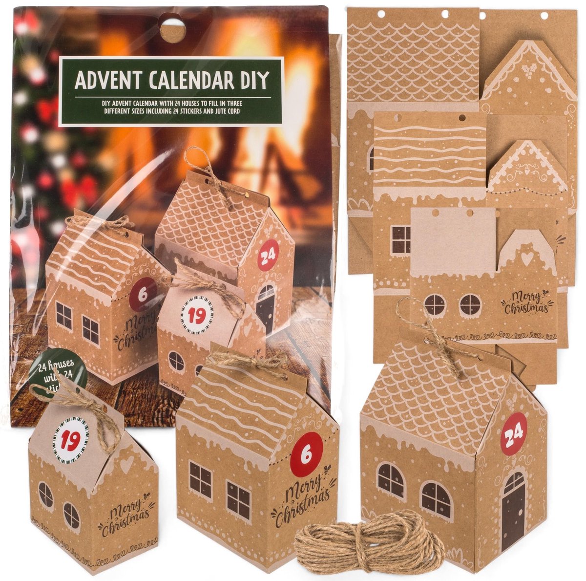 Dailygoods- Adventskalender Doe-Het-Zelf - 24 Huisjes in 3 Maten - Cijferstickers - Jute Koord - Creatieve Kerstdecoratie - Ruimte voor Verrassingen - Kerstkalender