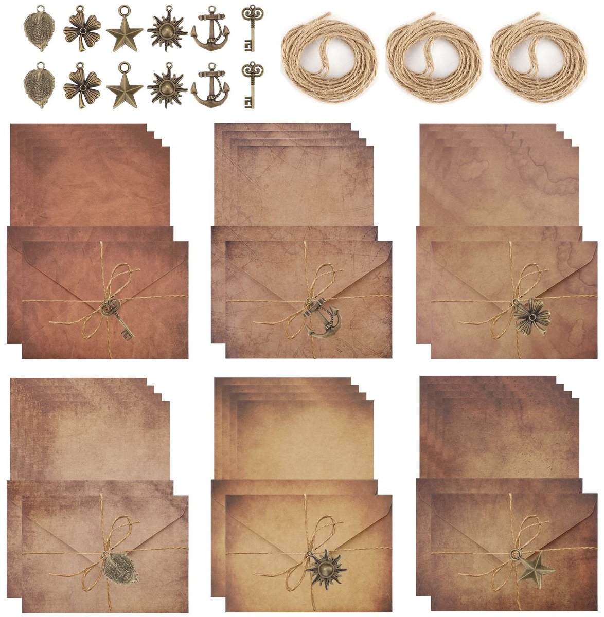 Dailygoods- Enveloppen Vintage Set - 60 Stuks - Briefpapier A5 - Antiek Kraftpapier - Retro Enveloppen - Metalen Hangers - Jute Touw