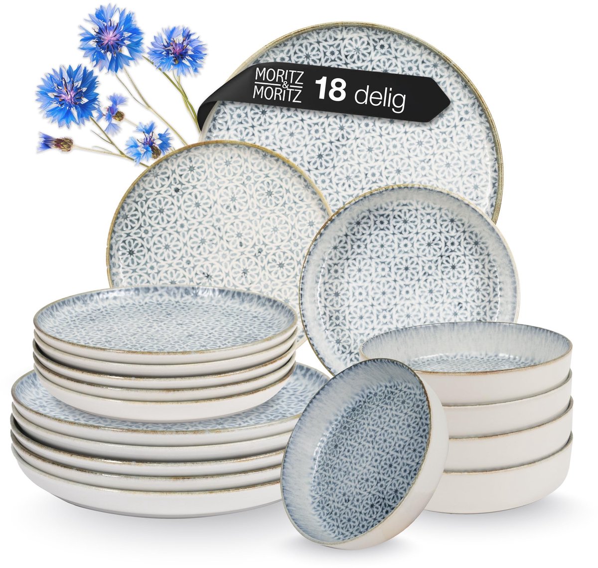 Dailygoods- Serviesset 6 Persoons - 18-delig Porselein - Onderhoudsvriendelijk - Vaatwasserbestendig - Modern Design - Blauw Patroon - Tafelservies