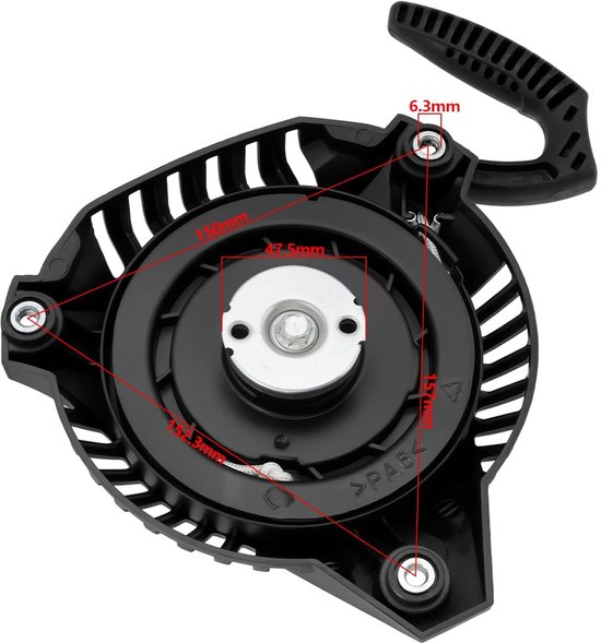 Dailygoods- Terugslagstarter Zwart - Trekstarter - Compatibel met Fuxtec FX-RM1630/Fuxtec FX-RM5196PRO/Scheppach MP99-42 - Kunststof/Metaal - Eenvoudig te installeren - Afstand gaten 150/152,7/157 mm — afbeelding 4