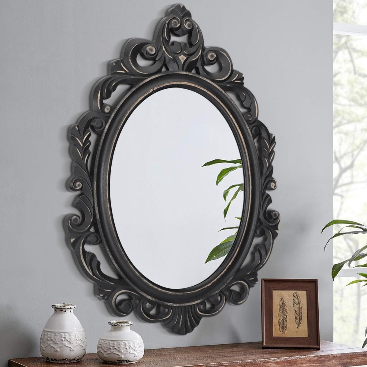 Dailygoods- Muurspiegel Elegante Ovale Houten Frame - Wandspiegel Barokstijl - Decoratieve Ophangspiegel - Antieke Esthetiek - Voor Kleedkamer/Slaapkamer/Woonkamer