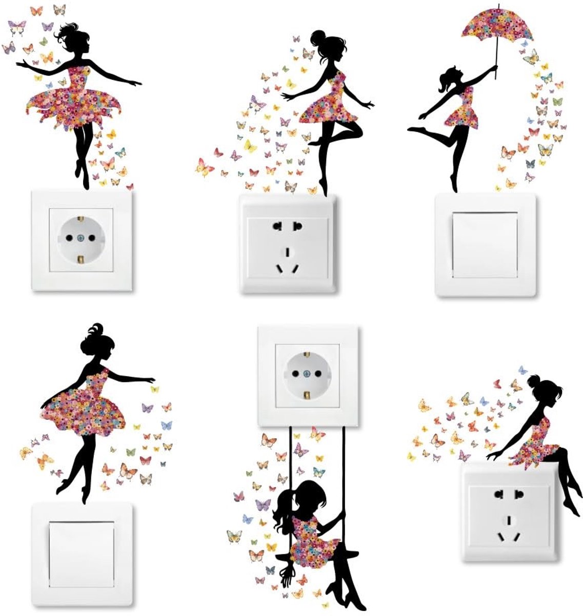 Dailygoods- Lichtschakelaar Stickers 6 Stuks - Vlinder Muurstickers - Meisjes Slaapkamer Decoratie - Stickers voor Stopcontacten - Decoratieve Stickers - Woondecoratie