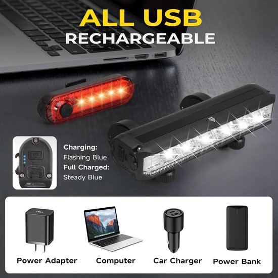Fietsverlichting Set - LED Verlichting - Veilig Fietsen - Type C Oplaadbaar - 10000 Lumen - Zwart — afbeelding 4