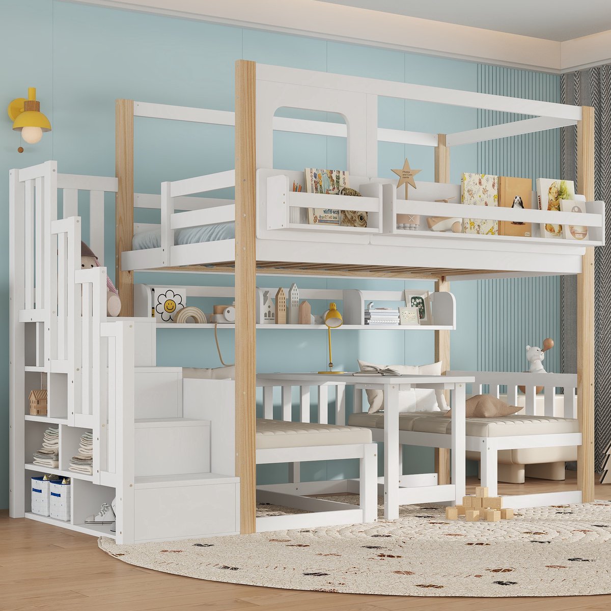 HAUSS SPOLE Stapelbed 90x200 cm - Kinderbed Met Opbergtrap en Klaptafel - Met Boekenrek en Veiligheidshek - Zonder Matras - Hout - Wit Naturel Wit+Natuur
