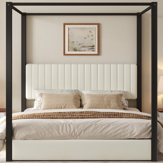 HAUSS SPOLE Hemelbed 180x200cm - Gestoffeerd Bed Met Gepolsterd Hoofdbord - Zonder Matras - Modern Slaapkamerbed Van Fluweel En Metaal - Beige Zwart