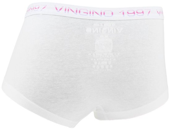 Witte boxer met witte elastische band met paarse en roze 'VINGINO 1997' tekst.