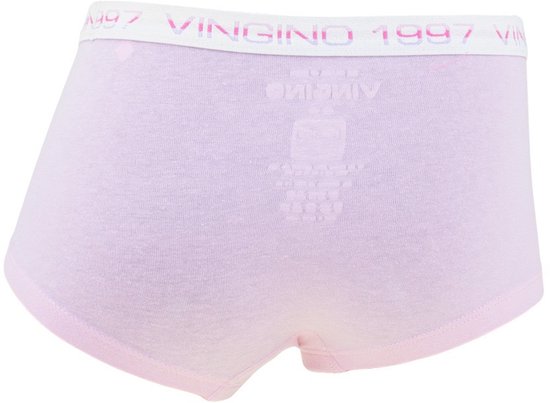 Lichtroze boxer met witte elastische band met paarse en roze 'VINGINO 1997' tekst.