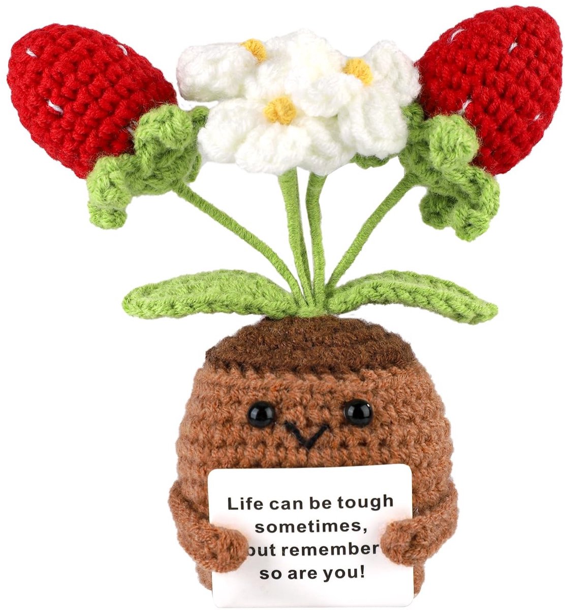 Dailygoods- Haakpotplant Schattige Aardbei - Gebreide Potplant - Kantoor Decoratie - 11x10,5cm - Wollen Garen - Aanmoedigende Kaart - Gehaakte Plant