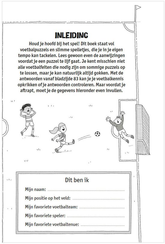 Introductiepagina van "De coolste voetbalpuzzels" met illustraties van kinderen die voetballen en een veld om persoonlijke voetbalgegevens in te vullen.
