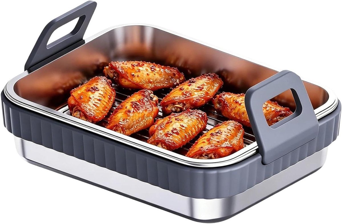 Airfryer Bakpan Roestvrij Staal Gelijkmatige Warmte Verwijderbare Grip 20 cm Grijs