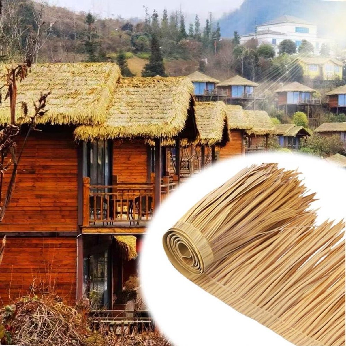 Straw Reed Roof Refractory Palm Reed Artificial Trite Roof Synthetic Grass Roll For Hutbar Patio Decoration(5m/16.4ft)