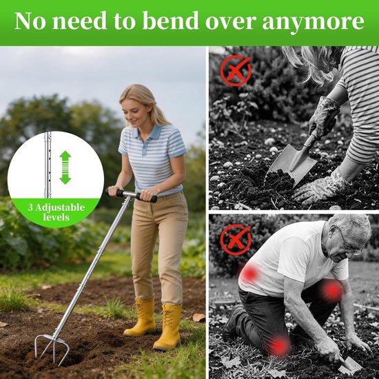 Tuinklauw met steel, onkruidsteker, tuingereedschap, klein, in hoogte verstelbaar, voor het losmaken van de grond in de tuin — afbeelding 3