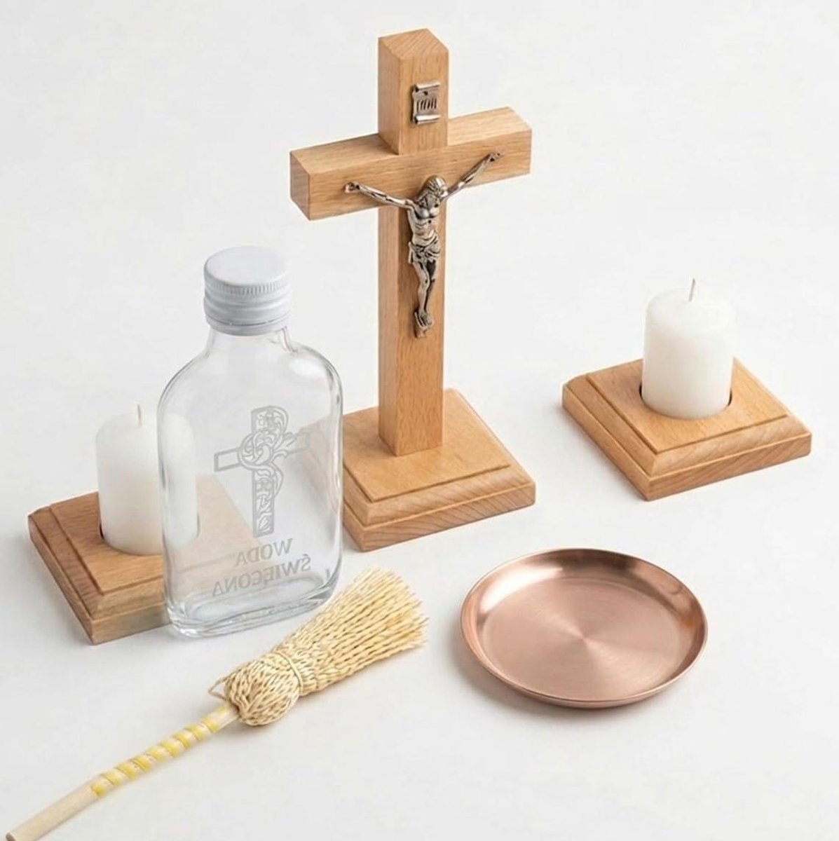 Kaarsen Set Hout - Kruis en Kandelaars - Religieuze Decoratie - Massief Beukenhout - 8-delig - Natuurlijk