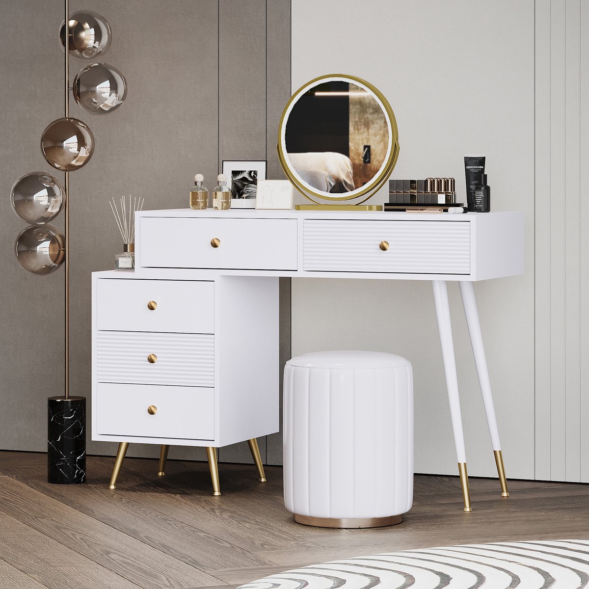 MODFU Kaptafel Met Led-Spiegel En Uitschuifbare Zijkast - Modern - MDF - Wit - 100 x 40 x 78 cm