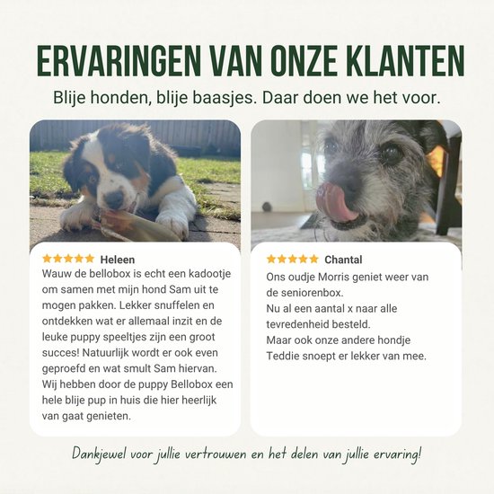 Twee foto's van tevreden klanten (honden) die van snacks genieten.