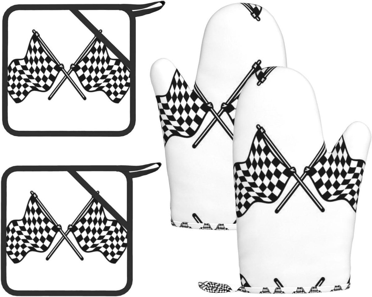 Geruite vlaggen race vlag print hittebestendige handschoenen en pad voor bakken, grillen, magnetron en outdoor barbecue