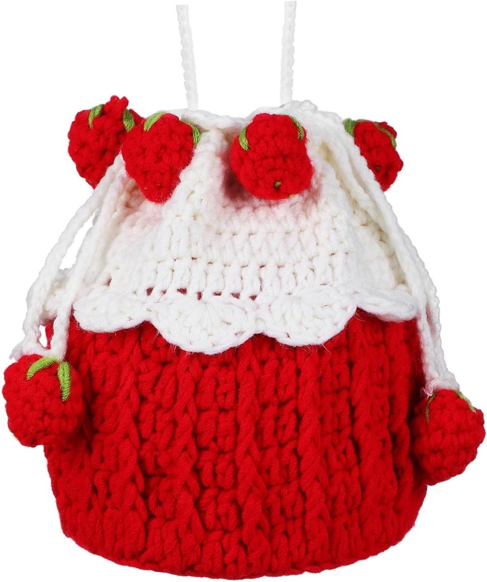Haakwerk Tas - Gebreide Portemonnee - Dagelijks Gebruik - Leuk Aardbeien Design - 14 x 13 x 13 cm - Rood