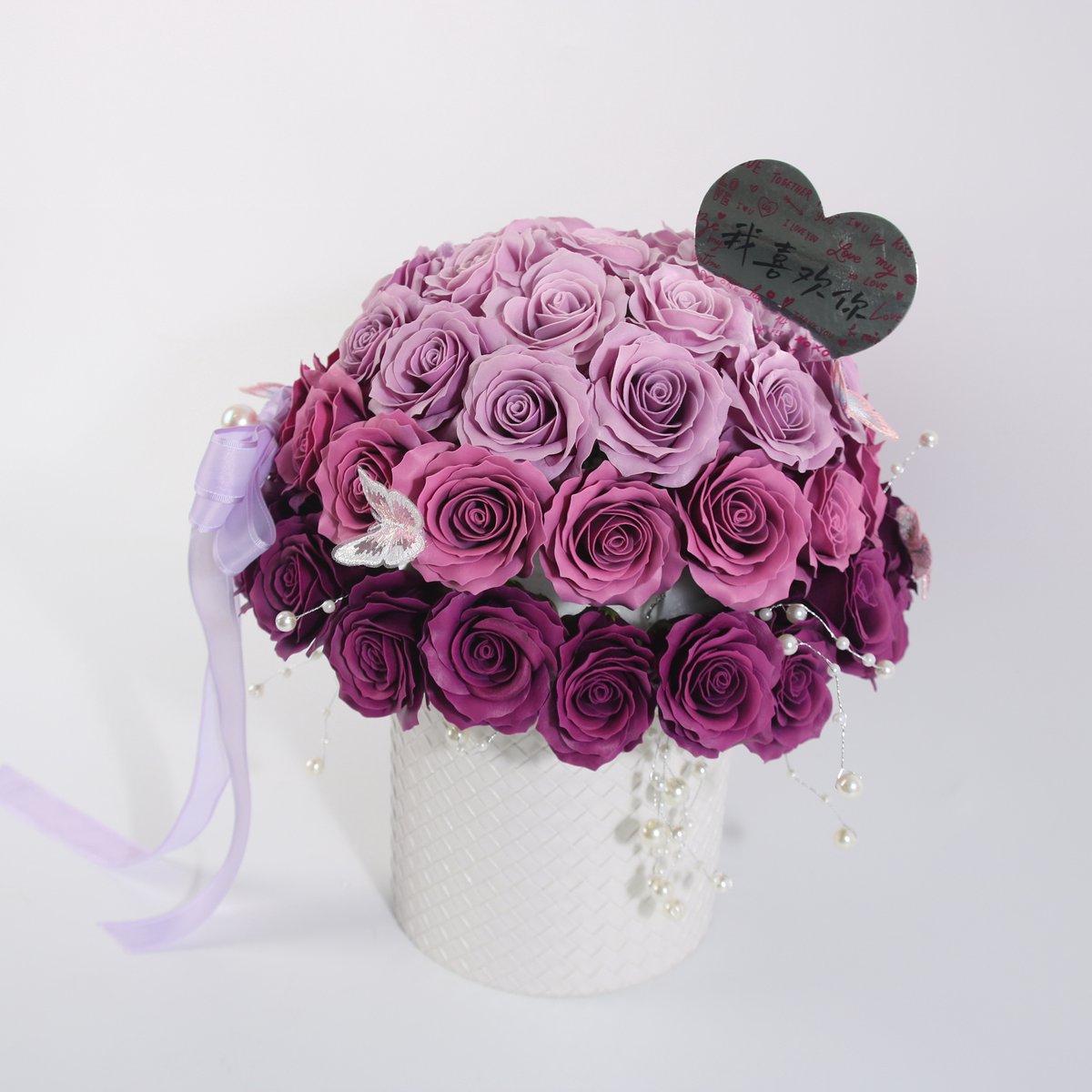 Kunstbloemen & Nepbloemen Rozenarrangement Paars Roze – XL Rozenboeket in Witte Bloemenpot – Romantische Woondecoratie & Cadeau