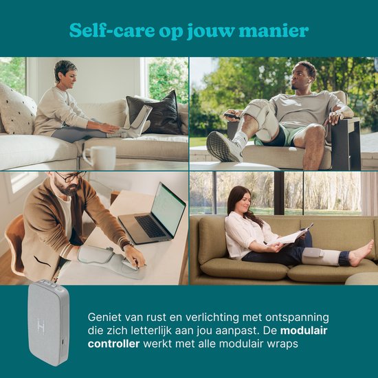 Vier afbeeldingen: mensen gebruiken de modulaire wraps voor zelfzorg op de bank, zittend en liggend, met de controller.