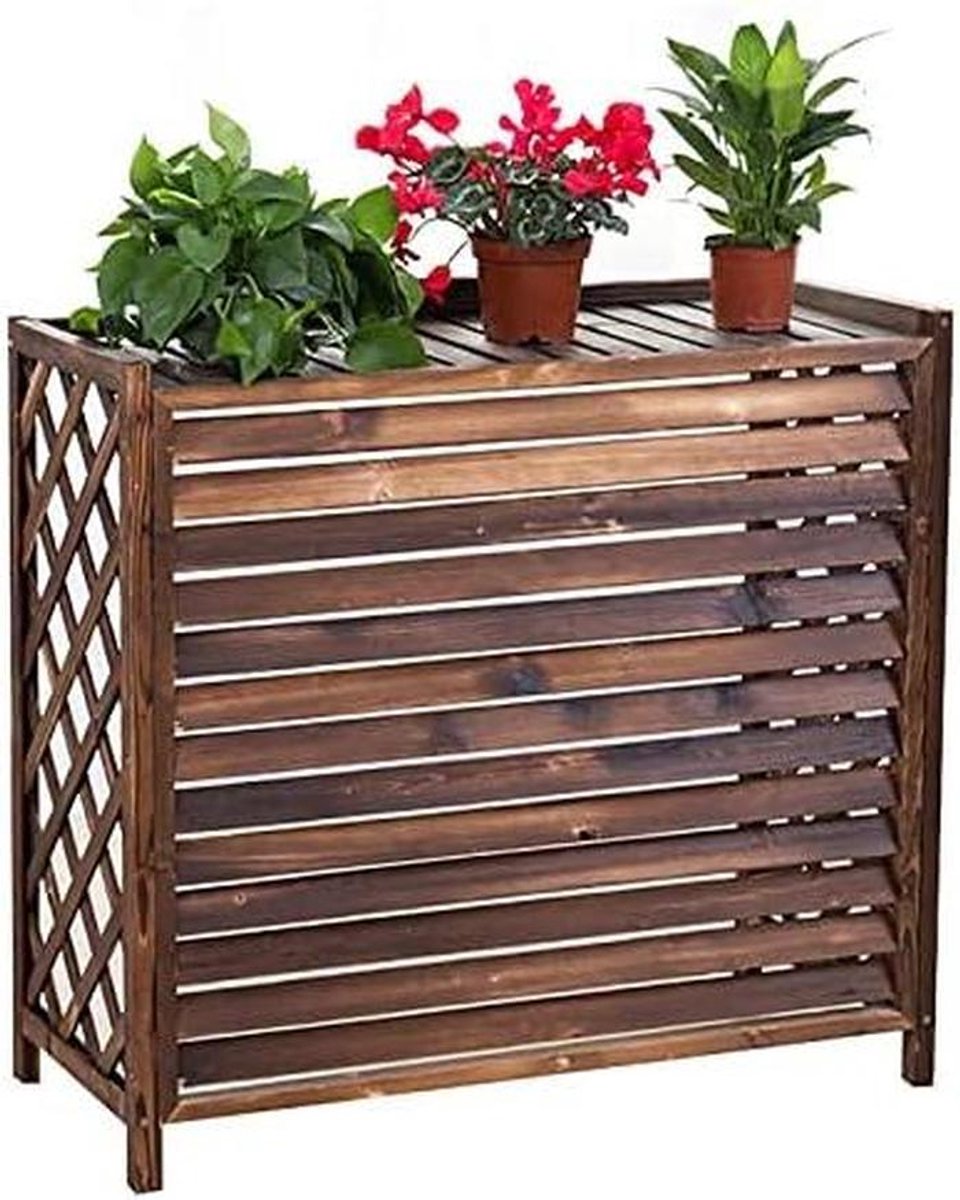 Houten Airco Afdekking - Buitenunit Scherm - Tuin Decoratie - Lamellen Warmteafvoer - 85x35x75cm - Houtkleur