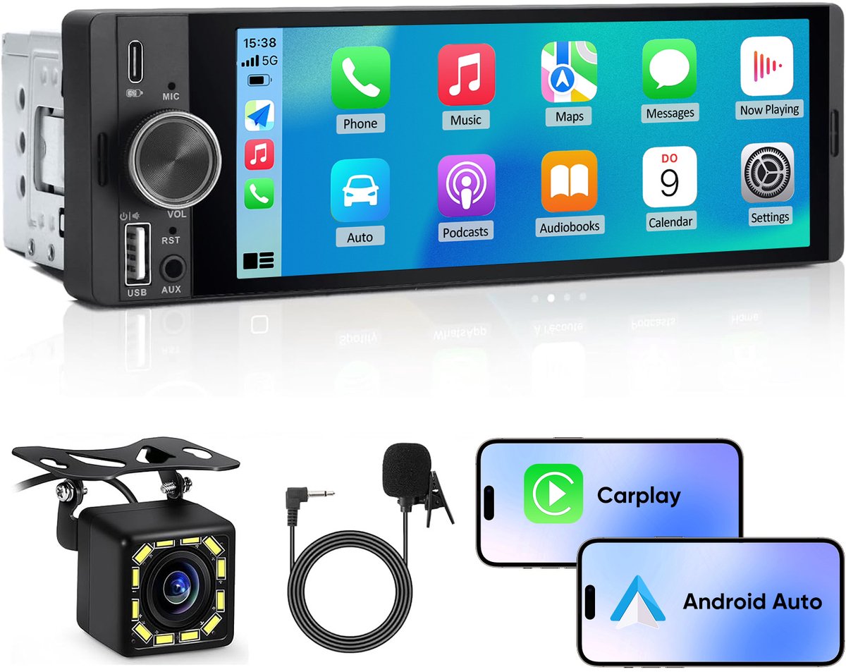 Hexinex - 1 DIN Carplay Autoradio - met 6,36 inch IPS-touchscreen - USB externe microfoon Achteruitrijcamera