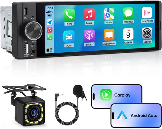 Autoradio met CarPlay/Android Auto, achteruitrijcamera, microfoon en iPhone/Android demonstratie.