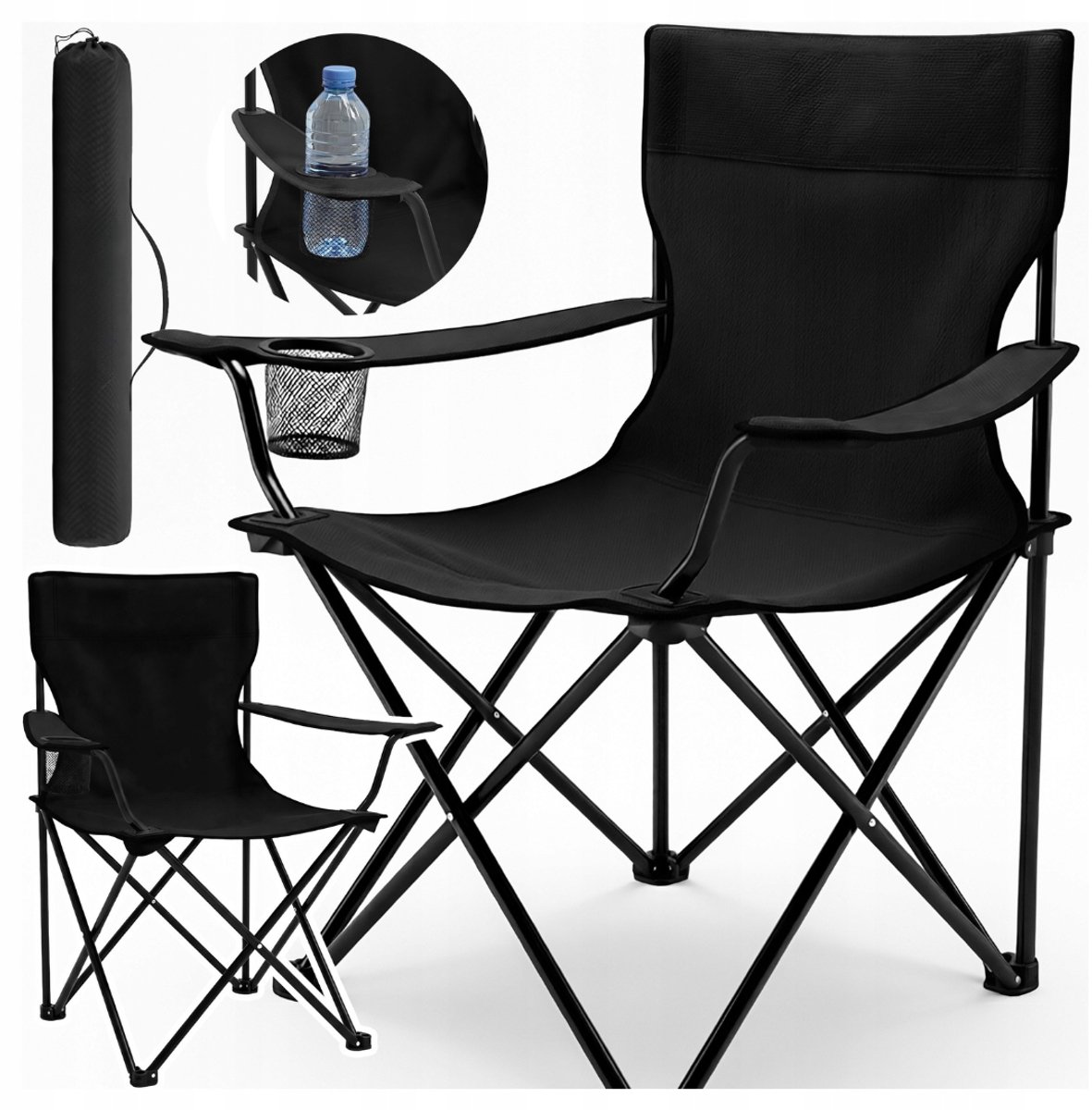 MOZY® - Inklapbare Campingstoel - Zwart - tot 120 kg - met Armleuningen en Bekerhouder - in Draagtas - Antislip - Campingstoel - Visstoel - Vissen - Vissersstoeltje