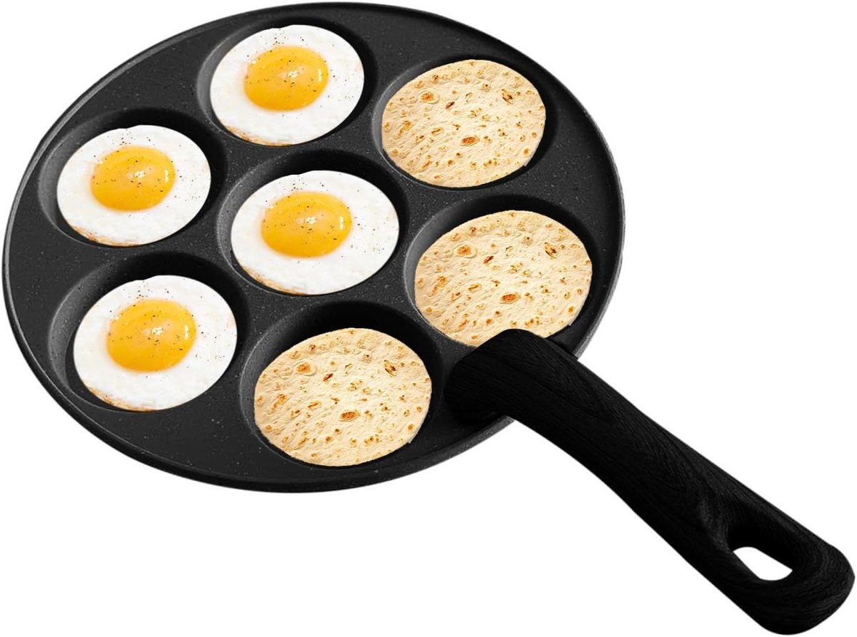 Pannenkoekenpan 7 kopjes - Omeletpan eieren - Ontbijt bereiden - Antiaanbaklaag - 23 cm - Zwart