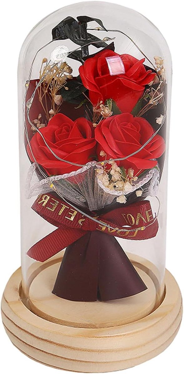 Zeepbloem in Koepel - Gedroogde Roos - Romantische Decoratie - Met LED Verlichting - 9 x 16 cm - Rood
