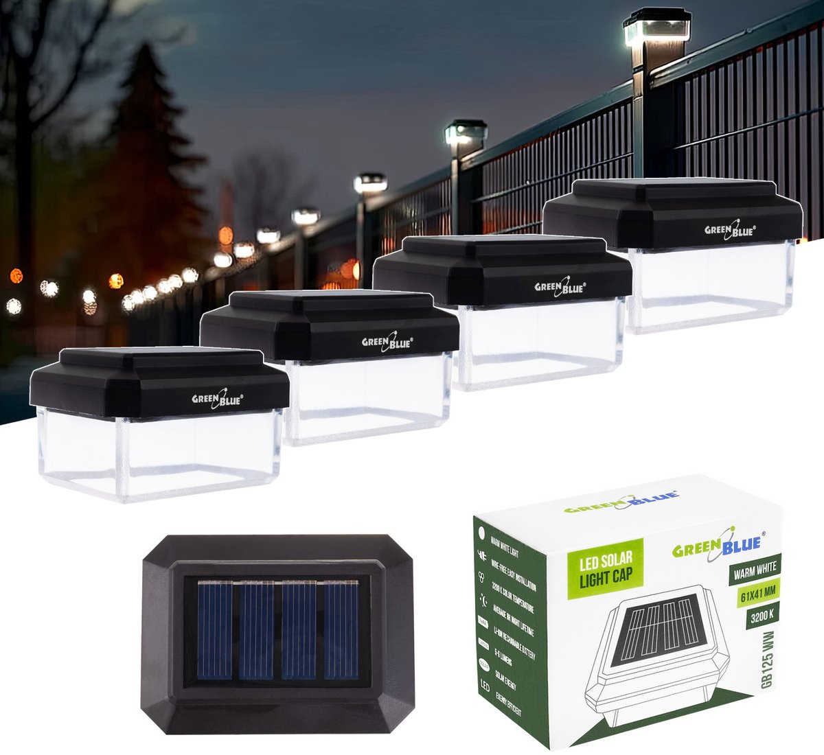 GreenBlue GB125 WW - 4 stuks Tuinlamp - LED-zonnelamp voor paal - 60 x 40 mm - envelopvormige kap - 3200K