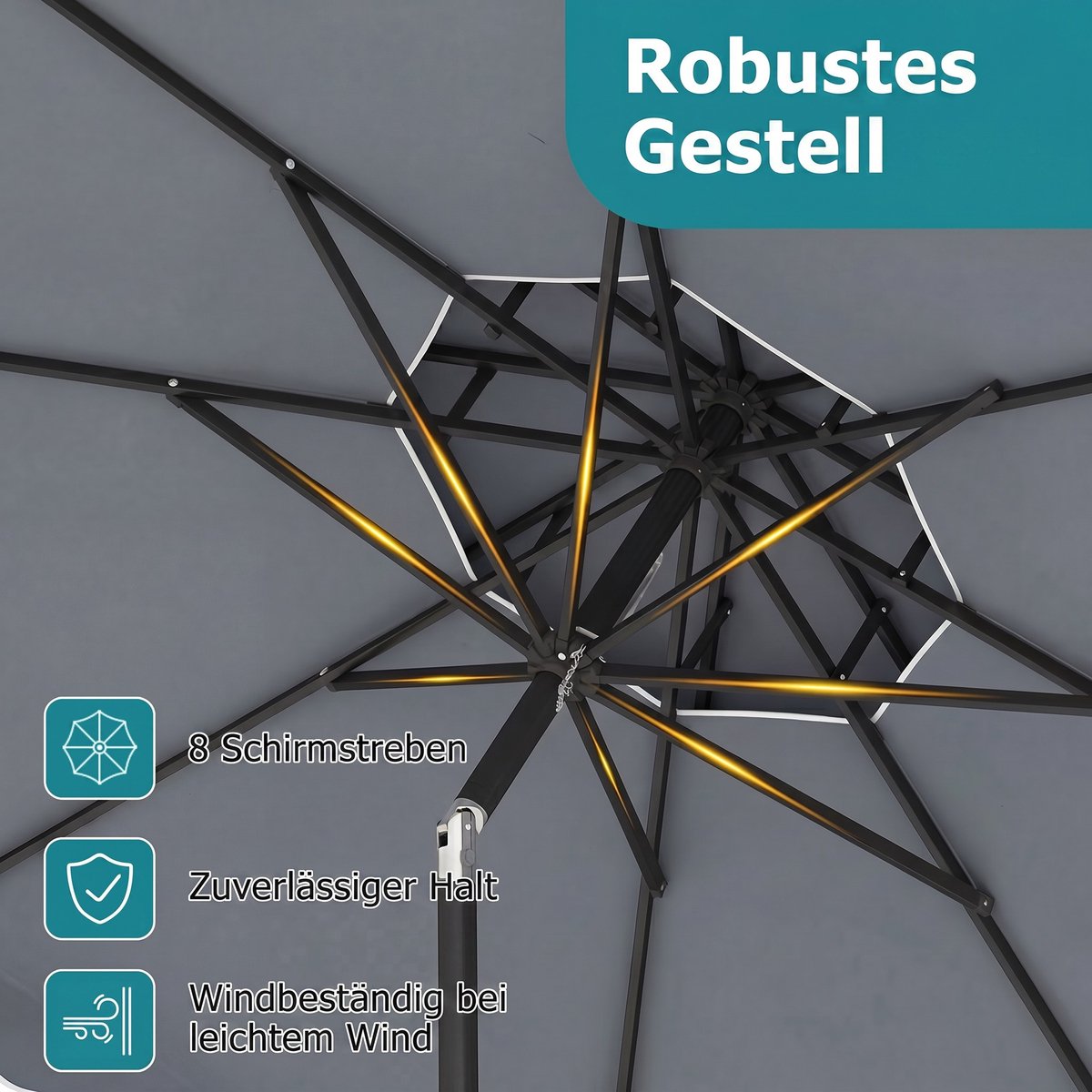 COSTWAY 300 cm parasol met dubbel doek, tuinparasol met draaihendel en volant, 30° kantelbaar aan beide zijden, terrasparasol, marktparasol voor tuin, balkon, terras (grijs) – foto 6
