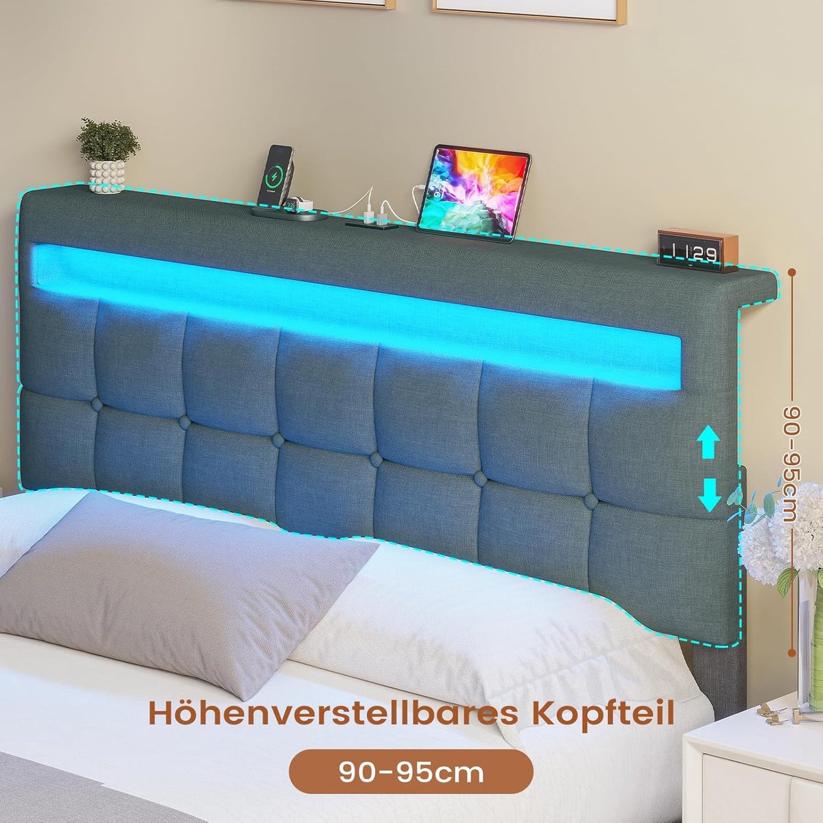Mobili Bella Aurora Luxe LED Opbergbed 160x200 cm met USB-C Oplaadstation, Verstelbaar Hoofdbord, Hydraulische Opbergruimte en RGB Verlichting - Donkergrijs