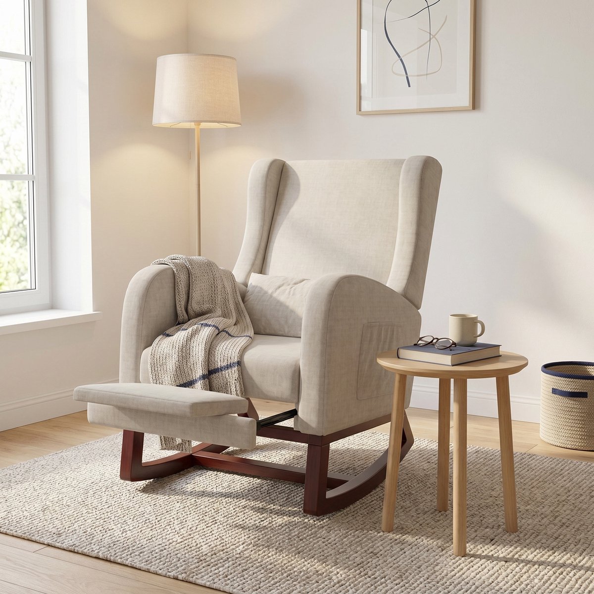 Schommelstoel met Opklapbare Voetensteun - Relaxfauteuil met Hoge Rugleuning van Linnen en Massief Hout - Moderne Stijl - Beige