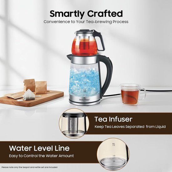 Glazen waterkoker met bovenop theepot, bevat rode thee. Toont thee-infuser en waterniveau.