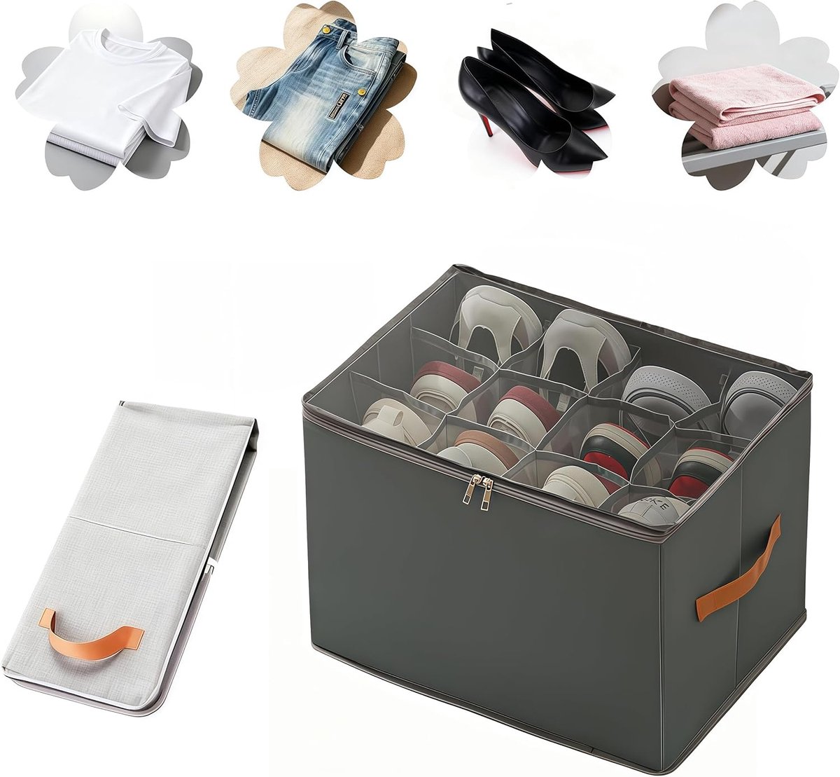 KZQ Opvouwbare Opbergdoos Met 12 Vakken Transparant Deksel Stofvrij Schoenenbox Stapelbaar Voor Sneakers Sandalen Sokken Handdoeken Speelgoed Grijs