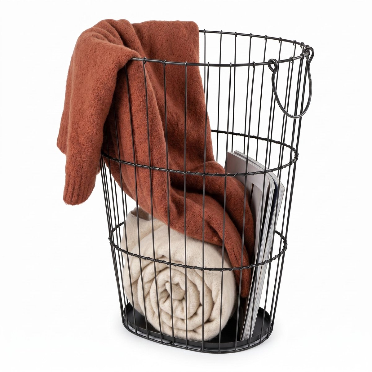 Cheqo® Metalen Mand - Draadmand - Opbergmand - Metalen Opbergmand met Handvatten - Decoratie Mand - Decoratieve Opbergmand - Industriële Opbergmand - Wasmand - Plaidmand - Mand voor Woonkamer - Zwarte Mand - Zwart