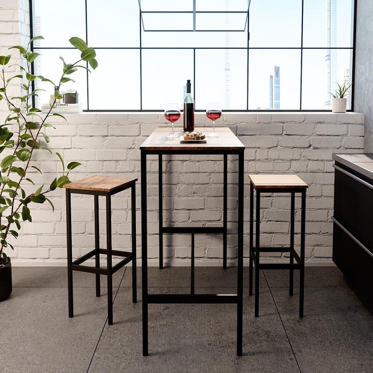 Nordic Loft Luxe Bartafelset 3-Delig met 2 Barkrukken – Antiek Houtlook – 120 x 50 x 105 cm – Industriële Bistrotafel met Metalen Frame voor Keuken, Woonkamer, Bar, Café en Kleine Ruimtes