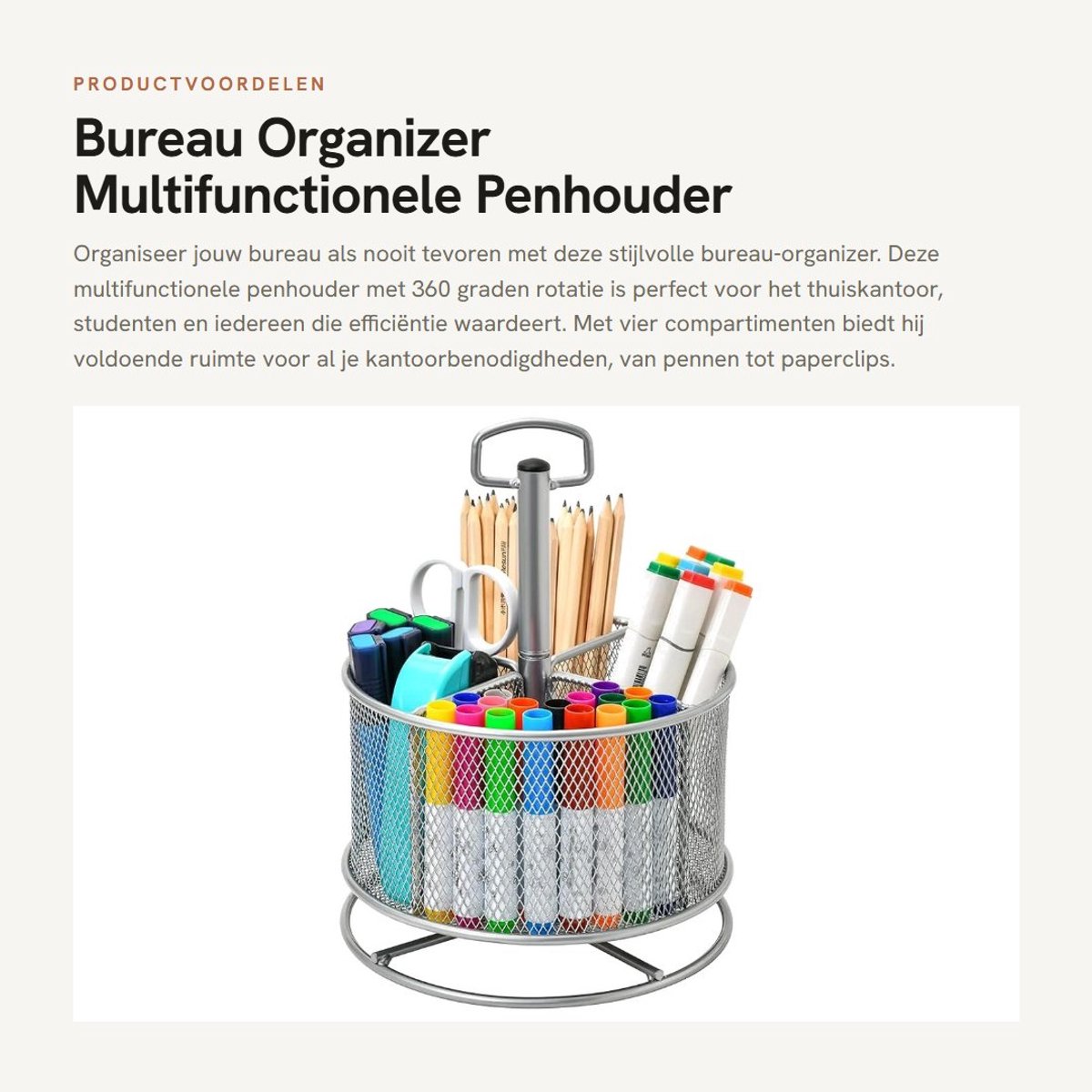 Dailygoods- Bureau Organizer 360° Roterend - Penhouder - 4 Compartimenten - Bureaublad Organizer - Thuiskantoor Caddy - Stevig Metaal